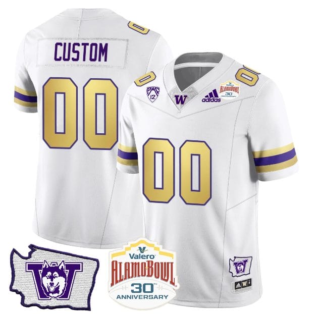 Men's Custom Washington Huskies Jersey Name and Number Alamo Bowl Patch Football Husky Royalty