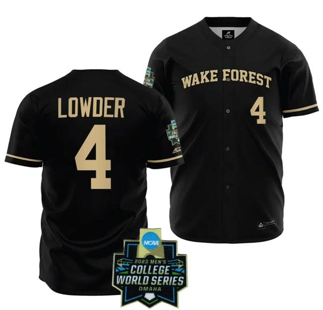 Men's Wake Forest Demon Deacons Baseball Rhett Lowder Jersey NCAA 2023 College World Series Black #4