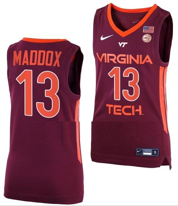 Men's Dairus Maddox Jersey Virginia Tech Hokies College Basketball Away Maroon #13