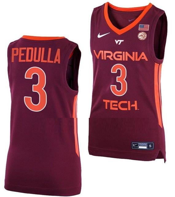 Men's Sean Pedulla Jersey Virginia Tech Hokies College Basketball Away Maroon #3