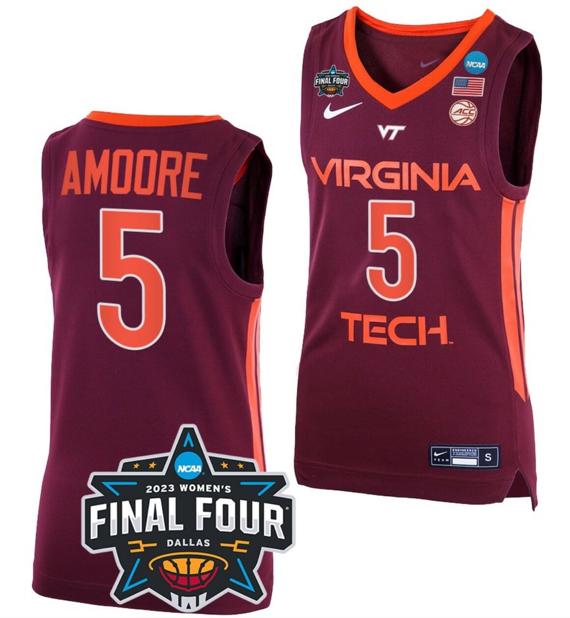 Men's Georgia Amoore Jersey Virginia Tech Hokies College Basketball 2023 NCAA Final Four Maroon #5