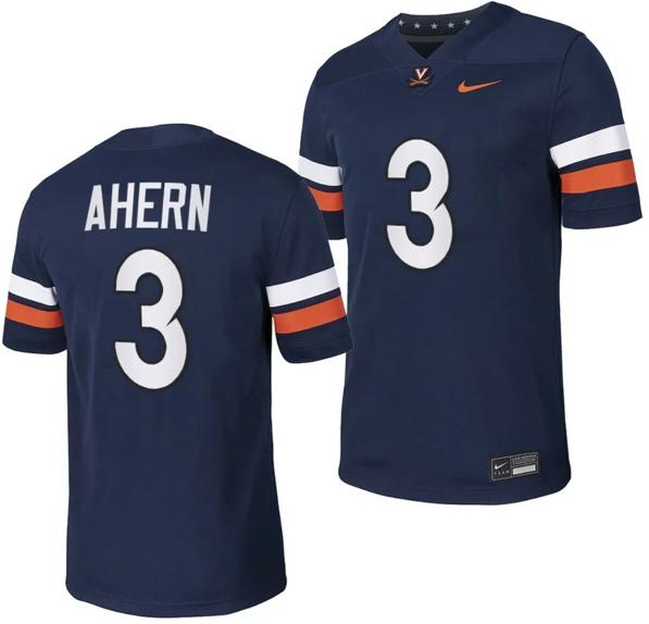 Men's Virginia Cavaliers Josh Ahern Jersey #3 College NIL Football Game 2023 Navy