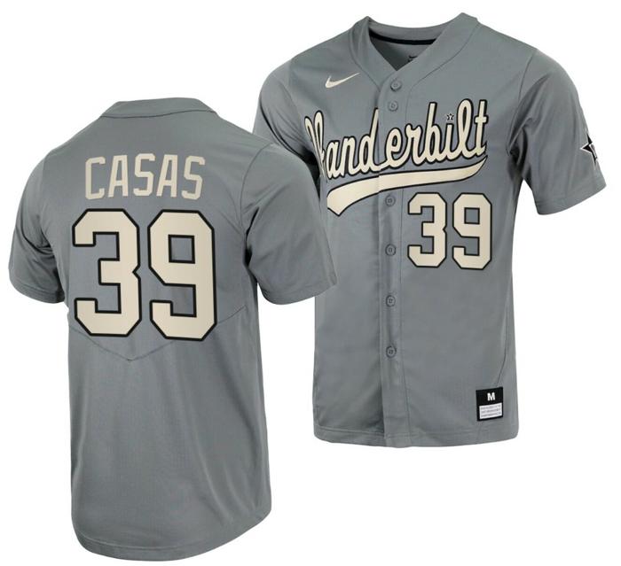 Men's Gavin Casas Jersey Vanderbilt Commodores College Baseball Full-Button Grey #39