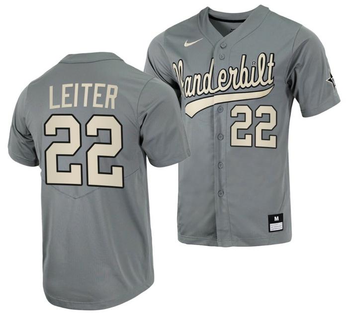 Men's Jack Leiter Jersey Vanderbilt Commodores College Baseball Full-Button Grey #22