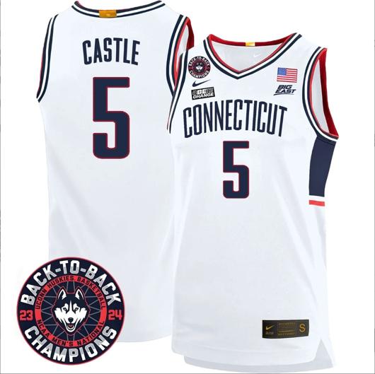 Men's Stephon Castle Jersey #5 UConn Huskies Basketball 2024 Back To Back Champions Patch White