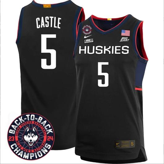 Men's Stephon Castle Jersey #5 UConn Huskies Basketball 2024 Back To Back Champions Patch Black