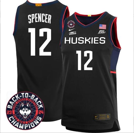 Men's Cam Spencer Jersey #12 UConn Huskies Basketball 2024 Back To Back Champions Patch Black