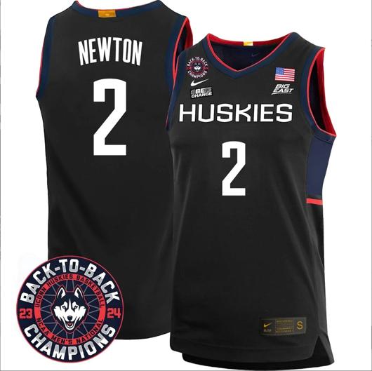 Men's Tristen Newton Jersey #2 UConn Huskies Basketball 2024 Back To Back Champions Patch Black