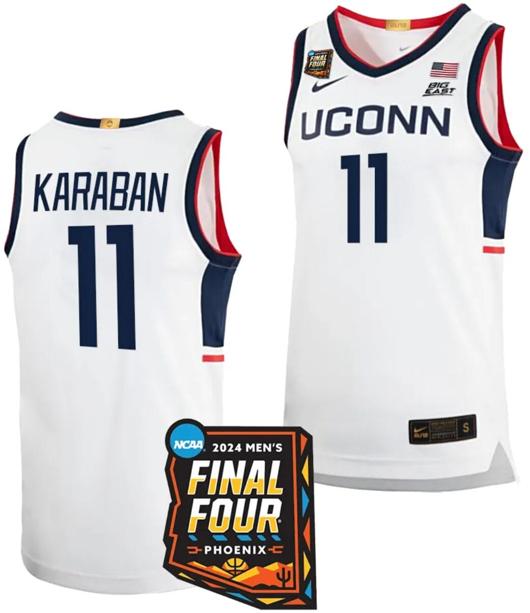 Men's Alex Karaban Jersey #11 UConn Huskies Basketball 2024 NCAA March Madness Final Four White