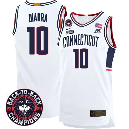 Men's Hassan Diarra Jersey #10 UConn Huskies Basketball 2024 Back To Back Champions Patch White