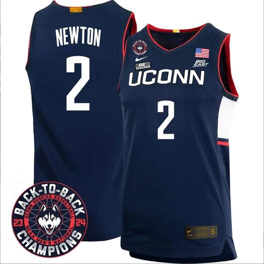 Men's Tristen Newton Jersey #2 UConn Huskies Basketball 2024 Back To Back Champions Patch Navy