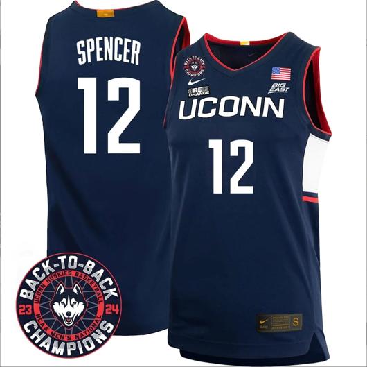 Men's Cam Spencer Jersey #12 UConn Huskies Basketball 2024 Back To Back Champions Patch Navy