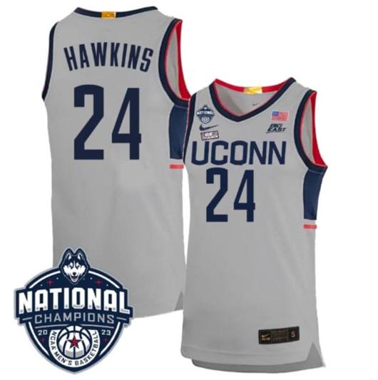 Men's Jordan Hawkins Jersey #24 UConn Huskies 2023 National Champions College Basketball Gray