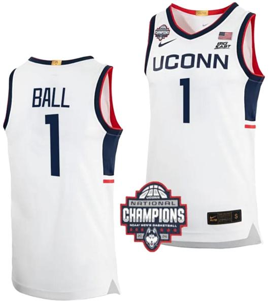 Men's Solomon Ball Jersey #1 UConn Huskies 2024 NCAA Basketball National Champions White Elite