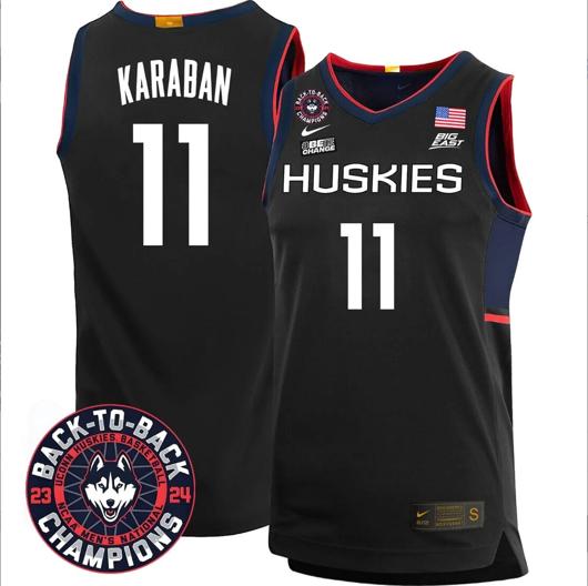 Men's Alex Karaban Jersey #11 UConn Huskies Basketball 2024 Back To Back Champions Patch