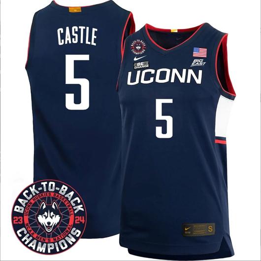 Men's Stephon Castle Jersey #5 UConn Huskies Basketball 2024 Back To Back Champions Patch Navy