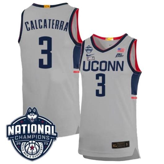 Men's Joey Calcaterra Jersey #3 UConn Huskies 2023 National Champions College Basketball Gray