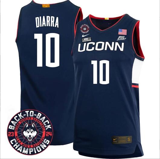 Men's Hassan Diarra Jersey #10 UConn Huskies Basketball 2024 Back To Back Champions Patch Navy