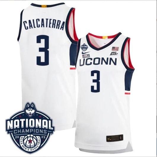 Men's Joey Calcaterra Jersey #3 UConn Huskies 2023 National Champions College Basketball White Home