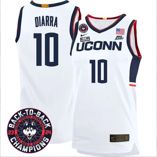 Men's Hassan Diarra Jersey #10 UConn Huskies Basketball 2024 Back To Back Champions Patch White Home