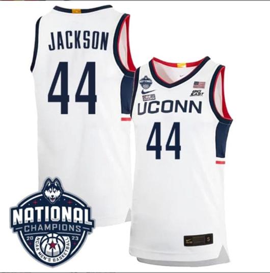 Men's Andre Jackson Jersey #44 UConn Huskies 2023 National Champions College Basketball White Home