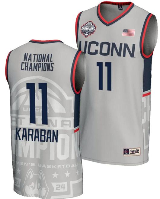 Men's Alex Karaban Jersey #11 UConn Huskies 2024 NCAA Basketball National Champions Lightweight Gray