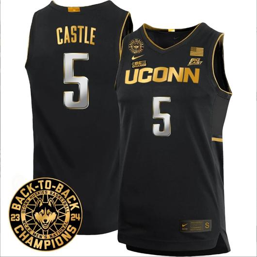 Men's Stephon Castle Jersey #5 UConn Huskies Basketball 2024 Back To Back Champions Patch Black Gold