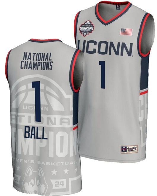 Men's Solomon Ball Jersey #1 UConn Huskies 2024 NCAA Basketball National Champions Lightweight Gray