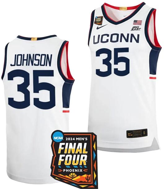 Men's Samson Johnson Jersey #35 UConn Huskies Basketball 2024 NCAA March Madness Final Four White