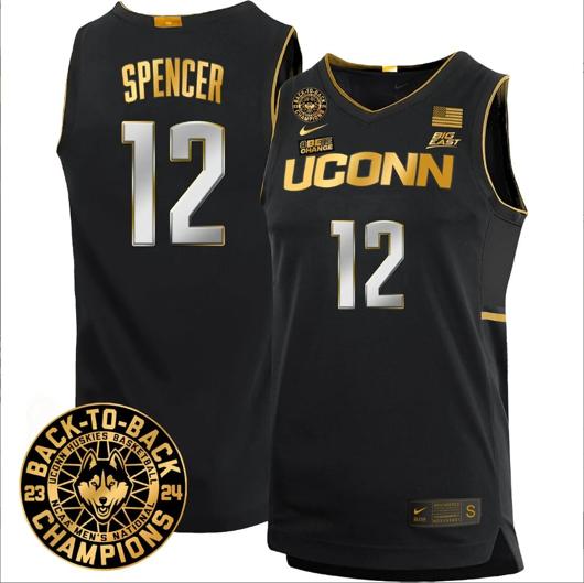 Men's Cam Spencer Jersey #12 UConn Huskies Basketball 2024 Back To Back Champions Patch Black Gold