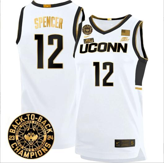 Men's Cam Spencer Jersey #12 UConn Huskies Basketball 2024 Back To Back Champions Patch White Gold