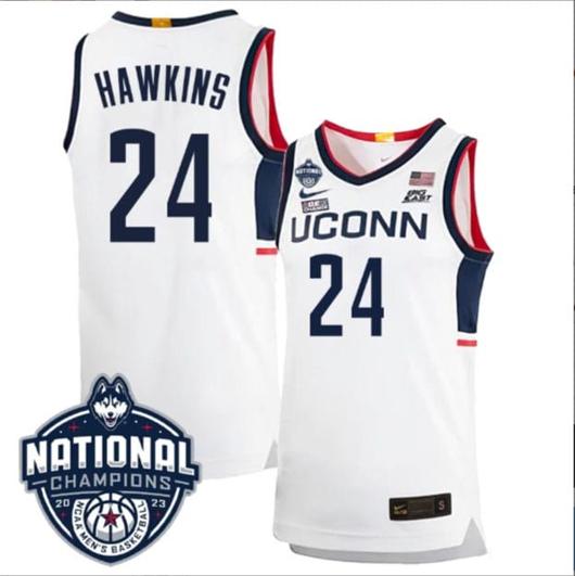 Men's Jordan Hawkins Jersey #24 UConn Huskies 2023 National Champions College Basketball White Home