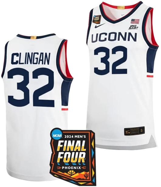 Men's Donovan Clingan Jersey #32 UConn Huskies Basketball 2024 NCAA March Madness Final Four White