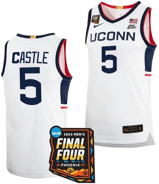 Men's Stephon Castle Jersey #5 UConn Huskies Basketball 2024 NCAA March Madness Final Four White