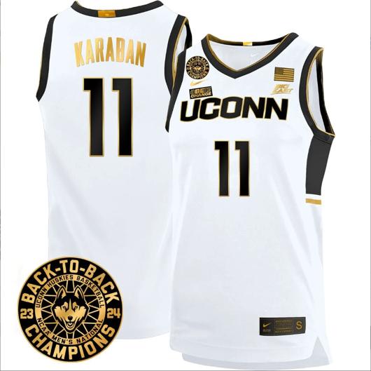 Men's Alex Karaban Jersey #11 UConn Huskies Basketball 2024 Back To Back Champions Patch White Gold