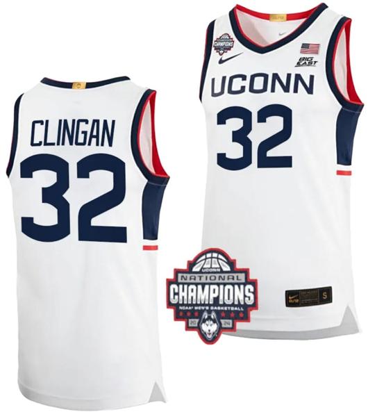 Men's Donovan Clingan Jersey #32 UConn Huskies 2024 NCAA Basketball National Champions White Elite