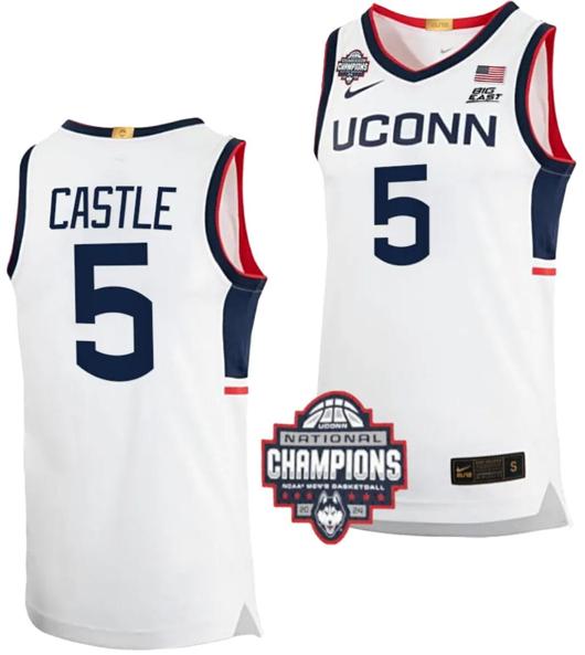 Men's Stephon Castle Jersey #5 UConn Huskies 2024 NCAA Basketball National Champions White Elite