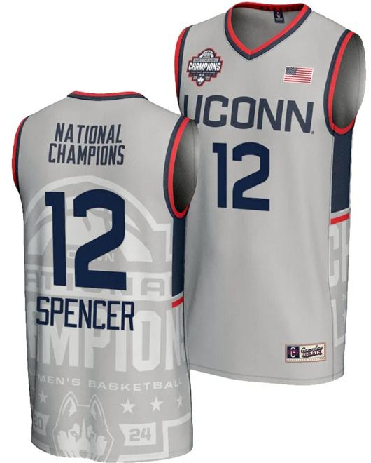 Men's Cam Spencer Jersey #12 UConn Huskies 2024 NCAA Basketball National Champions Lightweight Gray