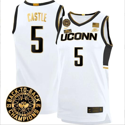 Men's Stephon Castle Jersey #5 UConn Huskies Basketball 2024 Back To Back Champions Patch White Gold