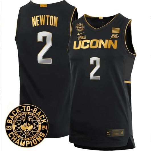 Men's Tristen Newton Jersey #2 UConn Huskies Basketball 2024 Back To Back Champions Patch Black Gold