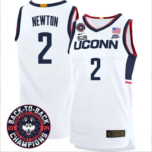 Men's Tristen Newton Jersey #2 UConn Huskies Basketball 2024 Back To Back Champions Patch White Home