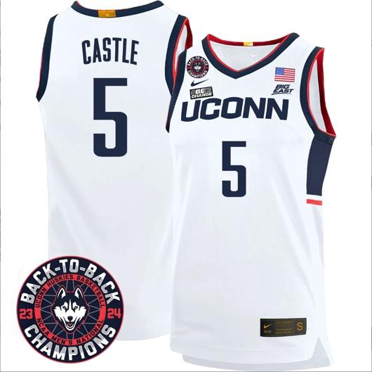 Men's Stephon Castle Jersey #5 UConn Huskies Basketball 2024 Back To Back Champions Patch White Home