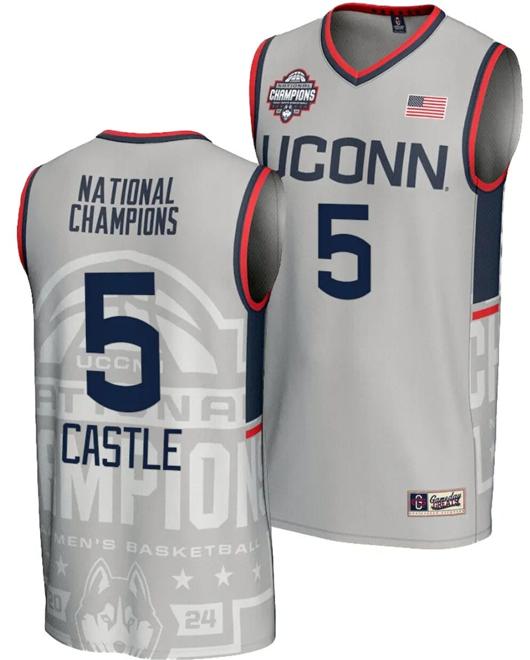 Men's Stephon Castle Jersey #5 UConn Huskies 2024 NCAA Basketball National Champions Lightweight Gray