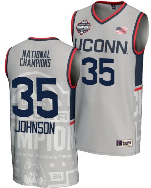 Men's Samson Johnson Jersey #35 UConn Huskies 2024 NCAA Basketball National Champions Lightweight Gray