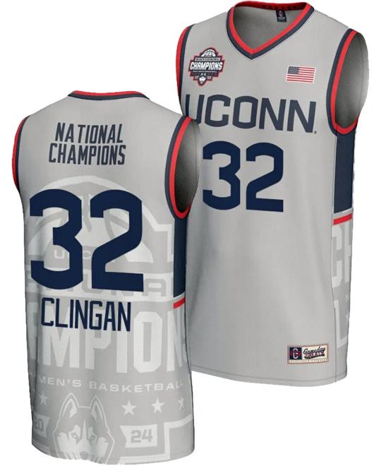 Men's Donovan Clingan Jersey #32 UConn Huskies 2024 NCAA Basketball National Champions Lightweight Gray