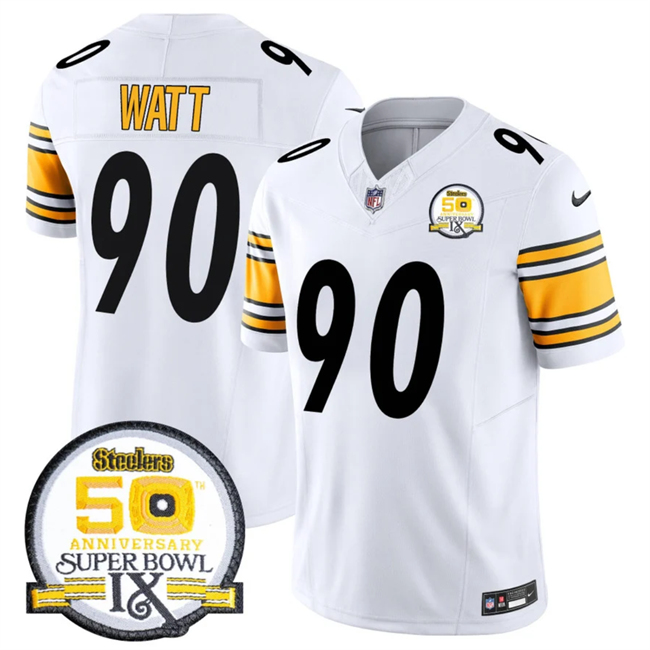 Men's Pittsburgh Steelers #90 T.J. Watt White 2024 F.U.S.E. 50th Anniversary Of Super Bowl IX Alternate Vapor Untouchable Limited Stitched Jersey