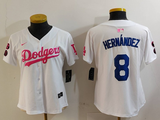 Women's Los Angeles Dodgers #8 Enrique Hernández White_Pink Vin & Kobe Patch Stitched Baseball Jersey(Run Small)