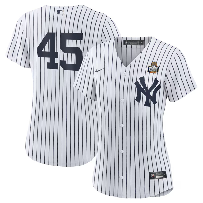 Women's New York Yankees #45 Gerrit Cole White 2024 World Series Cool Base Stitched Baseball Jersey(Run Small)