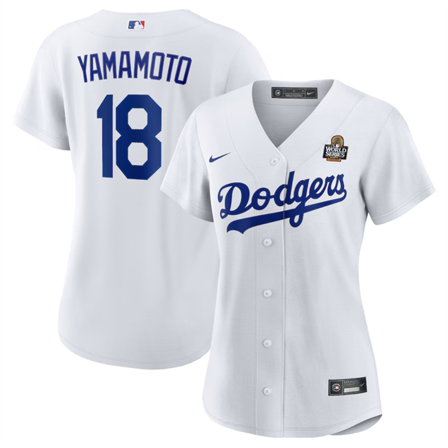 Women's Los Angeles Dodgers #18 Yoshinobu Yamamoto White 2024 World Series Cool Base Stitched Baseball Jersey(Run Small)