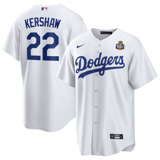 Men's Los Angeles Dodgers #22 Clayton Kershaw White 2024 World Series Cool Base Stitched Baseball Jersey